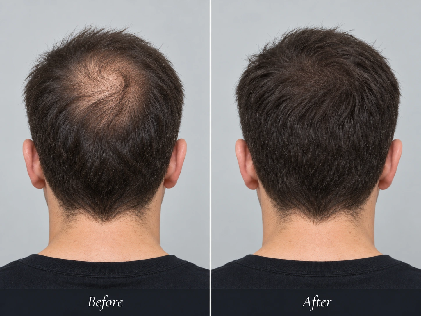 Illustratives Vorher-Nachher-Beispiel einer Haartransplantation – Hinterkopf- und Nackenansicht