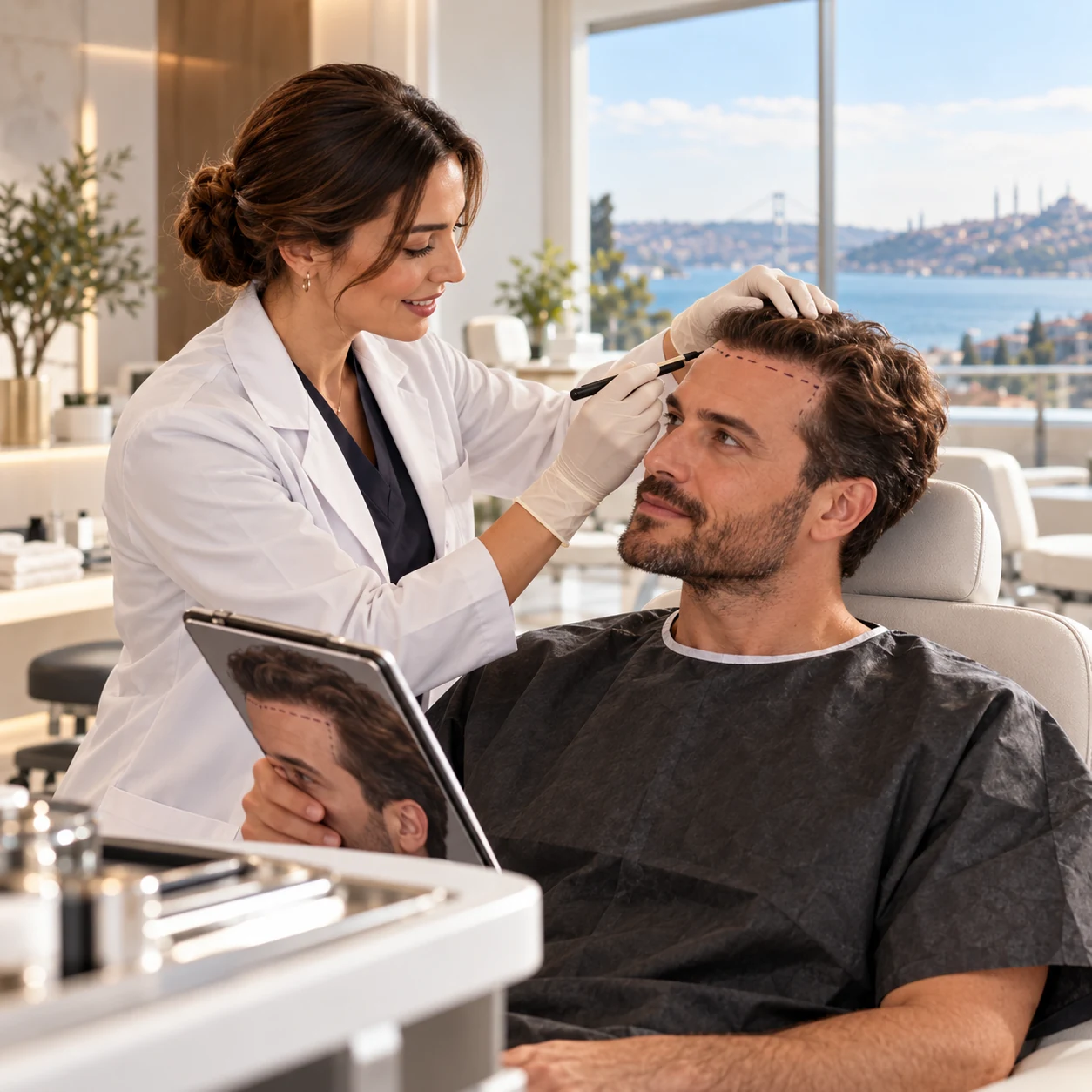 Planung einer natürlichen Haarlinie in einer Partnerklinik